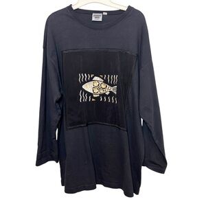 Johnny Was vintage black embroidered fish t shirt one size tunic cotton USA made